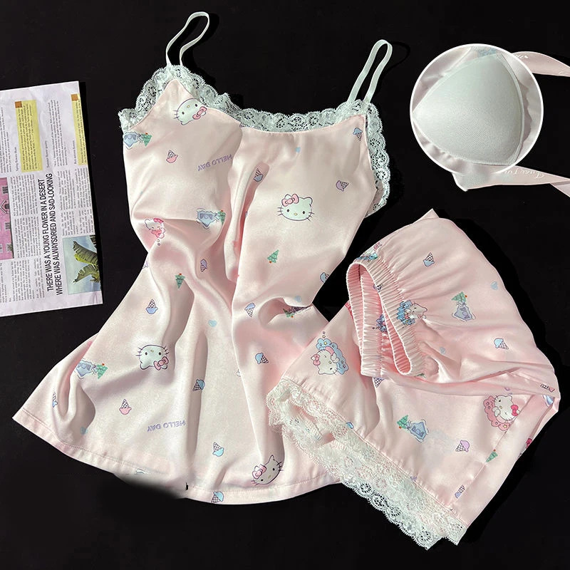 

Горячий пижамный комплект Sanrio Girl Ice Silk Camisole, летний пижамный комплект Kawaii Hello Kitty Comic, сексуальные шорты с подушкой на груди, одежда для отдыха
