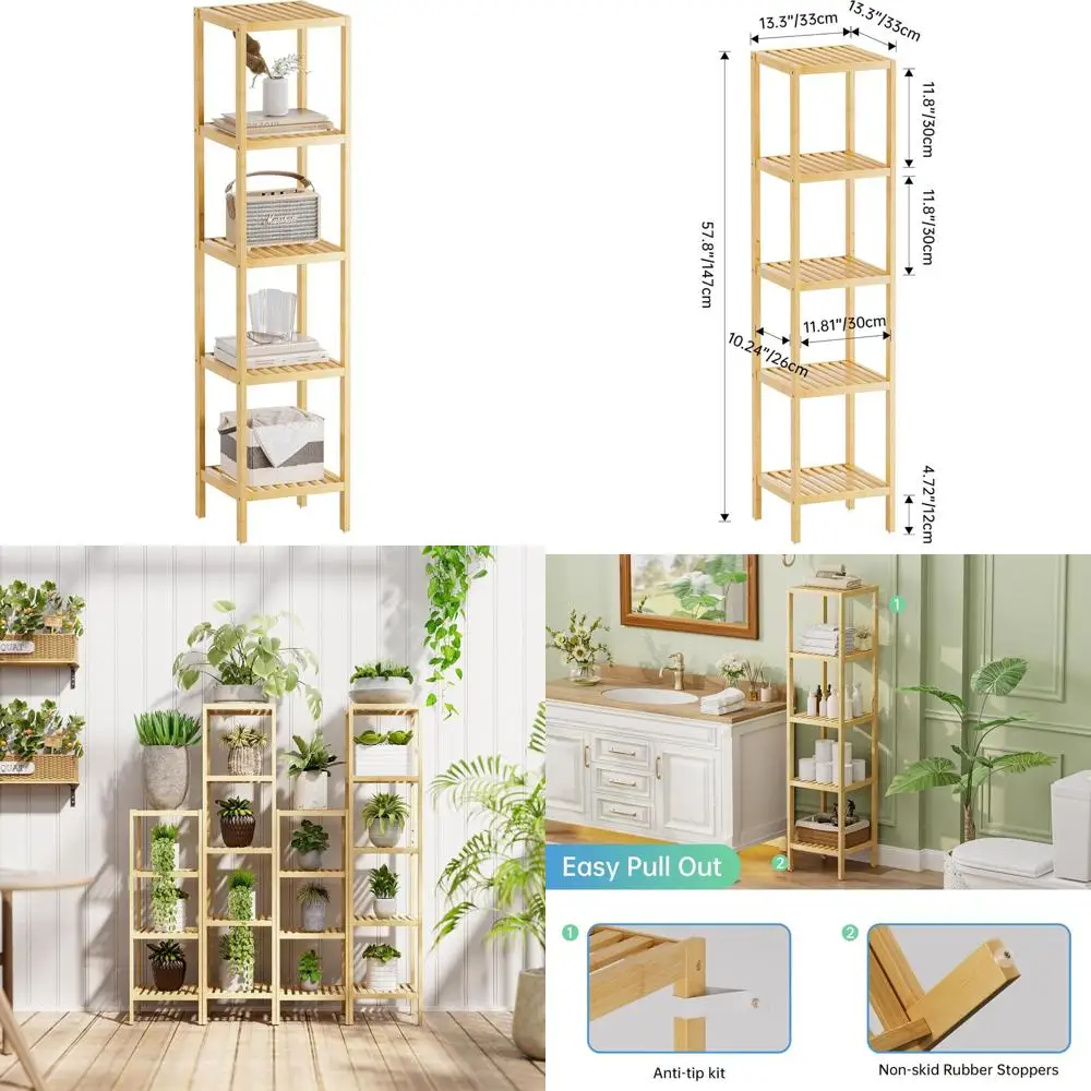 

5-Tier Bamboo Shelving Unit, Multifunctional Storage Rack for Living Room, Bedroom, Kitchen (Natural)