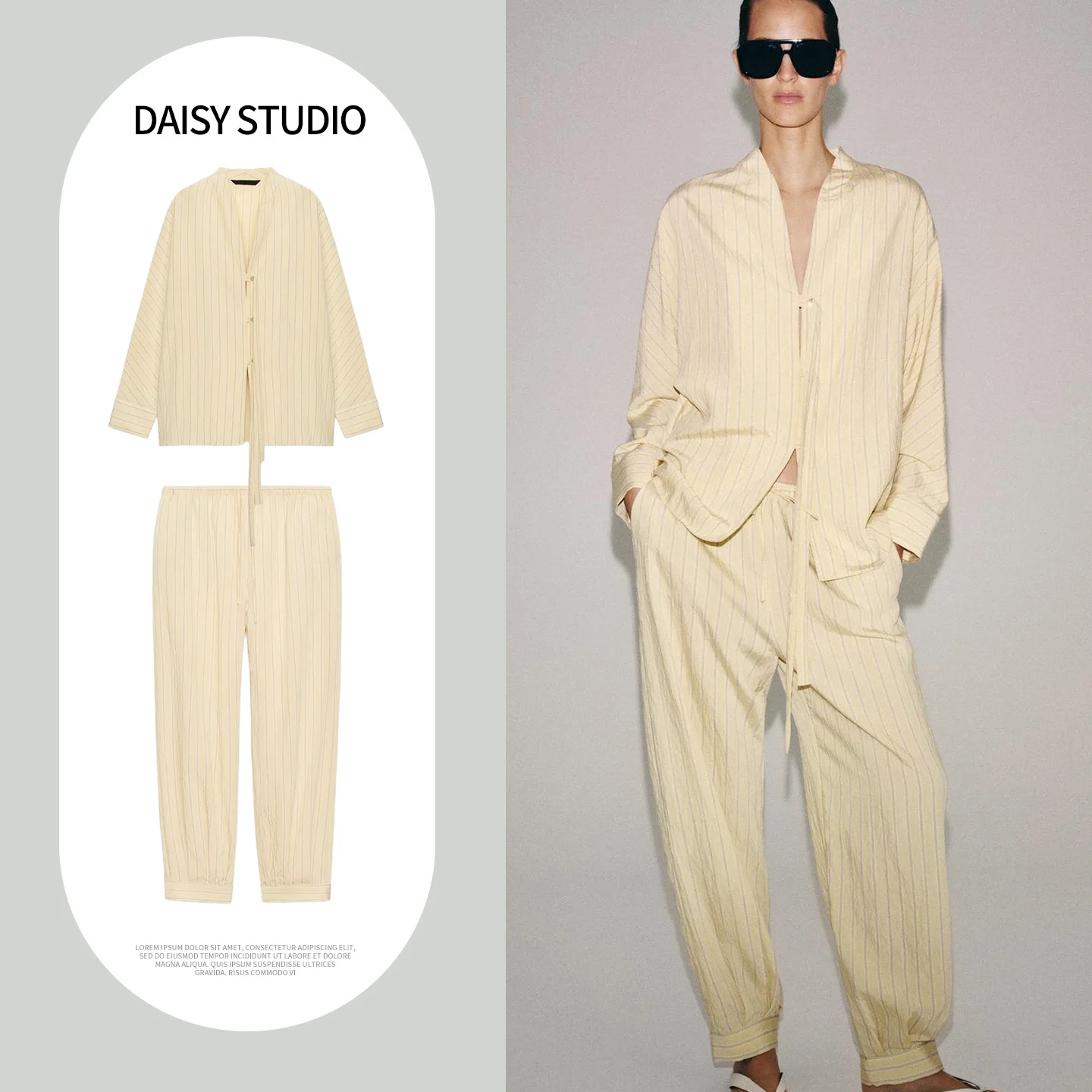 Women's Stripe Shirt Long Sleeve V-Neck Straight Leg Pants Belted Long Lantern Pants Summer Fashion Set Short Coat