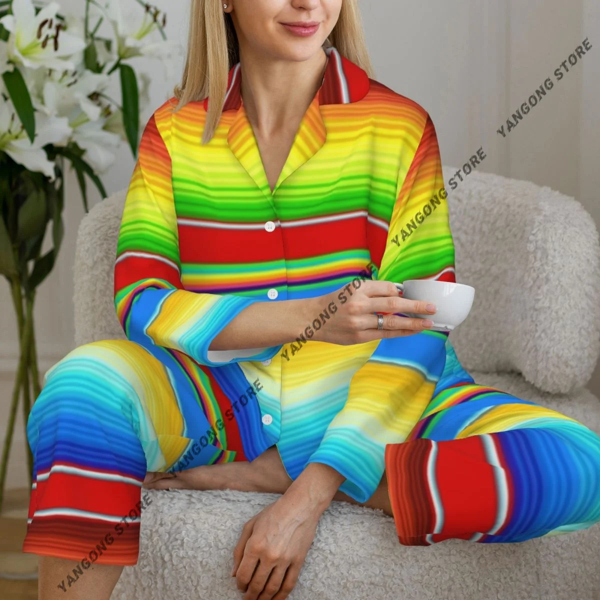 

Женская одежда для сна, пижамы, горизонтальное одеяло, ковер, линии, узор, яркий дизайн, пижама с длинными рукавами, женский комплект, пеньюар, кардиган, костюм