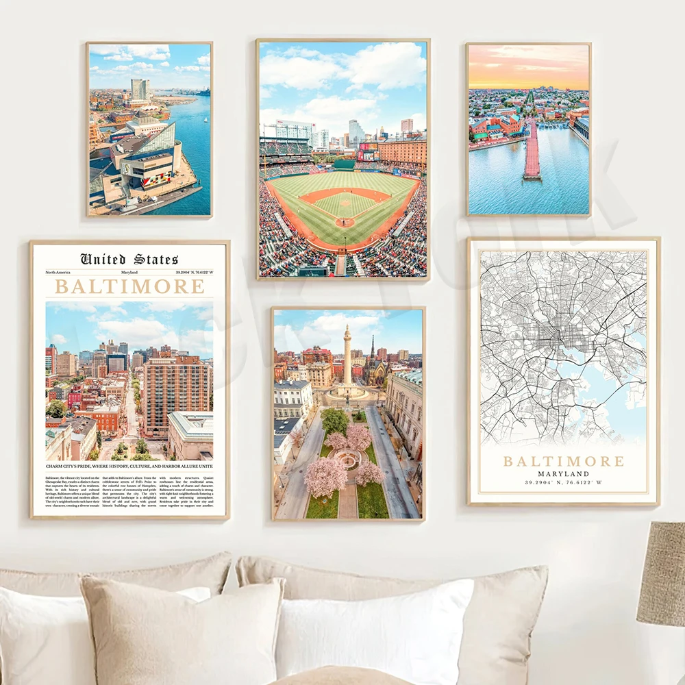 مطبوعات بالتيمور، ماريلاند بالتيمور، خريطة بالتيمور، ملصق سفر بالتيمور، طباعة ملصق سفر بالتيمور لديكور جدران المنزل #2