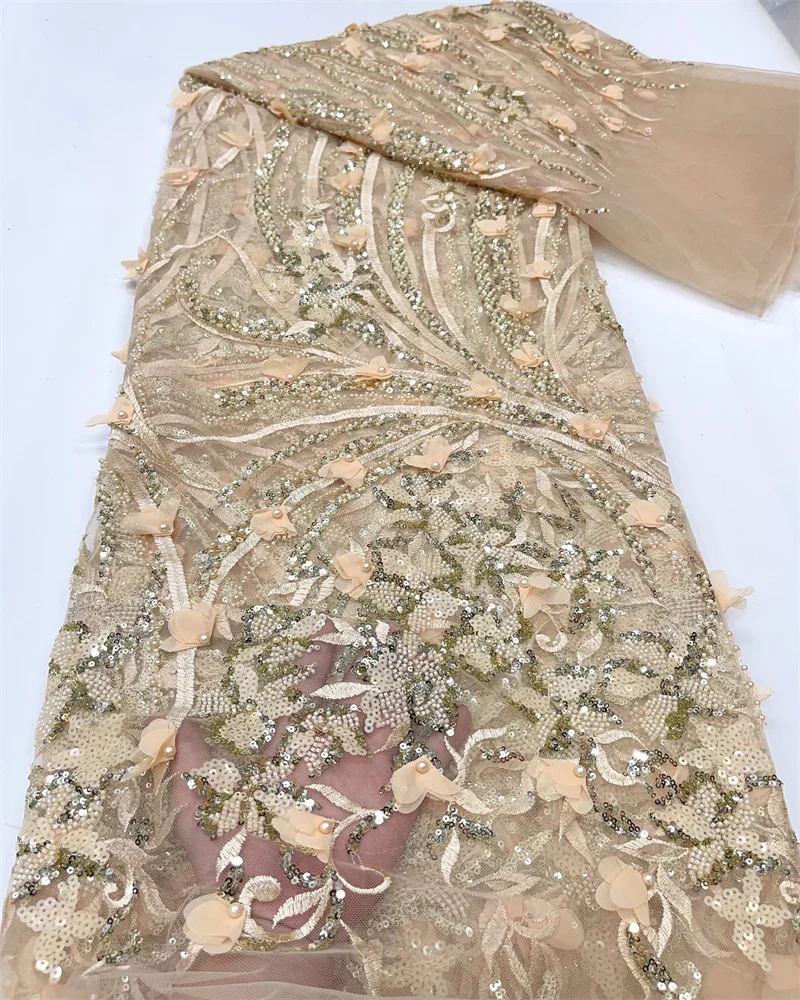 

2024 African Nigerian French High Quality Hot Sale Lace Fabric 3D Flower With Beads Sequins Bride Party Wedding Embroiderg Dress