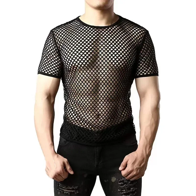 Mens Personality Skinny Base Shirt Cut-out Top Fishing Mesh See-through Short Sleeve T-shirt Men