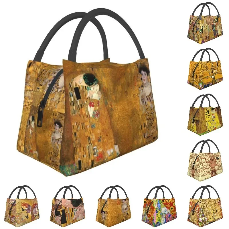 กุสตาฟ Klimt กระเป๋าใส่อาหารกลางวันสำหรับผู้หญิงกันรั่วซึมของผู้หญิงสีทองระบายความร้อนกระเป๋าอาหารกลางวันกระเป๋าชายหาดตั้งแคมป์กระเป๋าสะพายไหล่ท่องเที่ยว