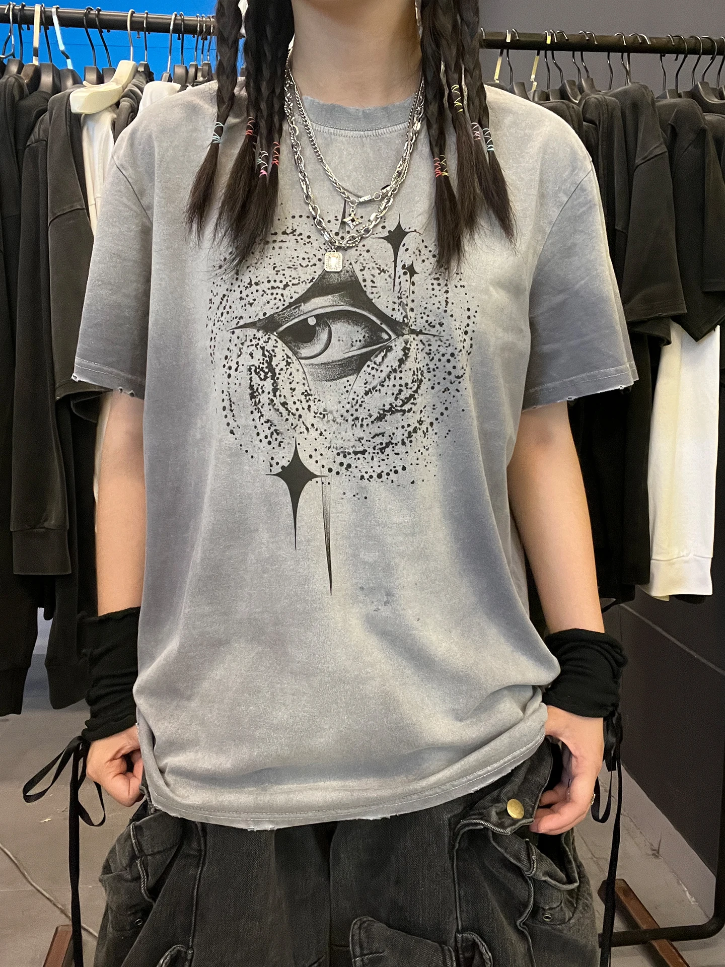 

Wang Studio Manager's Recommended Gradient Grey Short Sleeve T-Shirt Astral Eye Dyeing Technique Fashionable Retro Style
