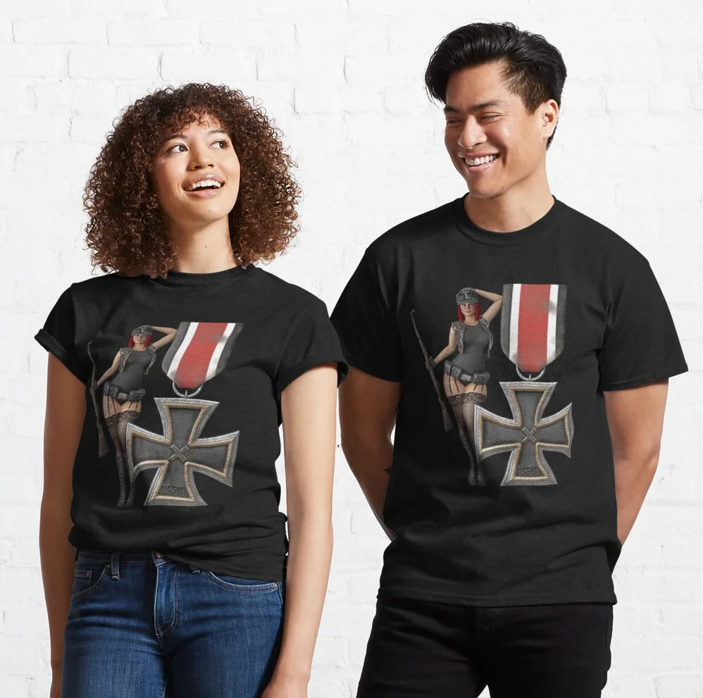 2 Class Iron Cross with Ribbon Wehrmacht Pin-up Girl T Shirt. Short Sleeve 100% Cotton Casual T-shirts Loose Top Size S-3XL