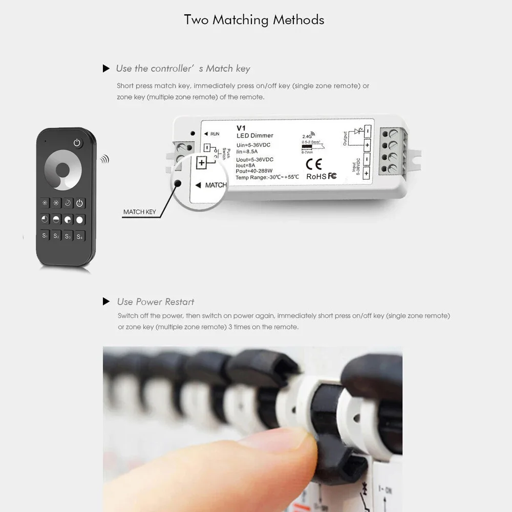 V1 LED Dimmer 5V 12V 24V 36V LED Controller 1 to 8 Zone 2.4G Wireless Remote RT1 RT6 RT8 R1 R6 R11 for Single Color LED Strip