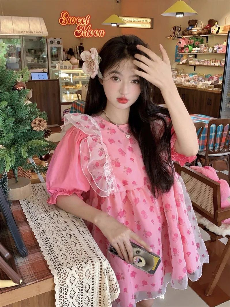 Korean Summer Sweet Materinty Mini Dress Mesh Petal Sleeve Patchwork Pregnant Woman Floral Dress Short Lady Ball Gown Dress Cute