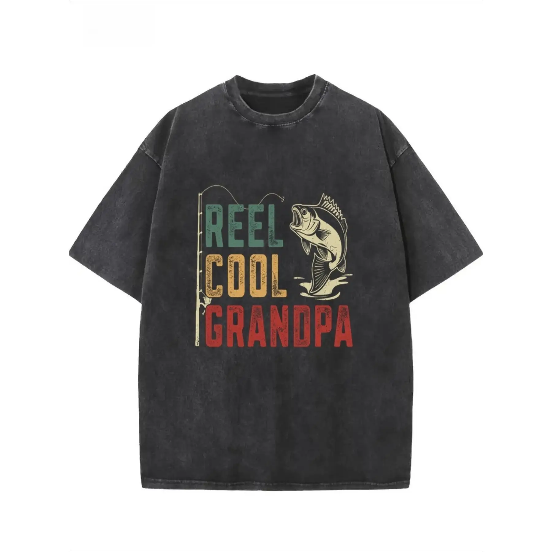 

Vintage Cotton "Reel Cool Grandpa" T-Shirt Oversized Funny Fishing Lover Slogan Tee Angler Gift for Grandfather