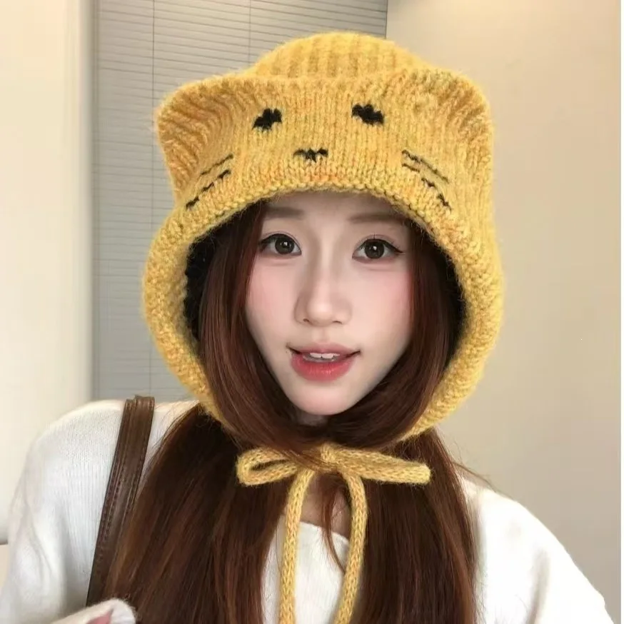 Cat Ears Knitted Beanie Hat for Women Autumn Winter Warm Cat Face Earflap Bonnet Braided Ties Ear Protection Winter Hat