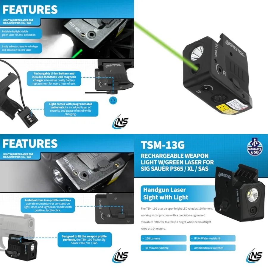 

TSM-13G 150-Lumen Rechargeable Tactical Light w/Green Laser Sight -IP-X4 Water-Resistant Handgun Lights for Sig Sauer P365, 365