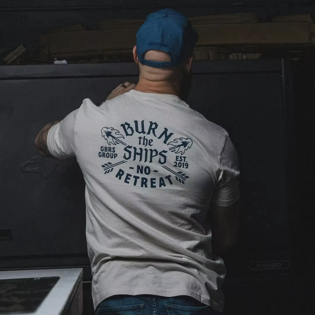 2026 New Tactical Family Matching Oversized Unisex Streetwear TShirt Burn The Ships No Retreat Torch Print Navy Tee Short Tops