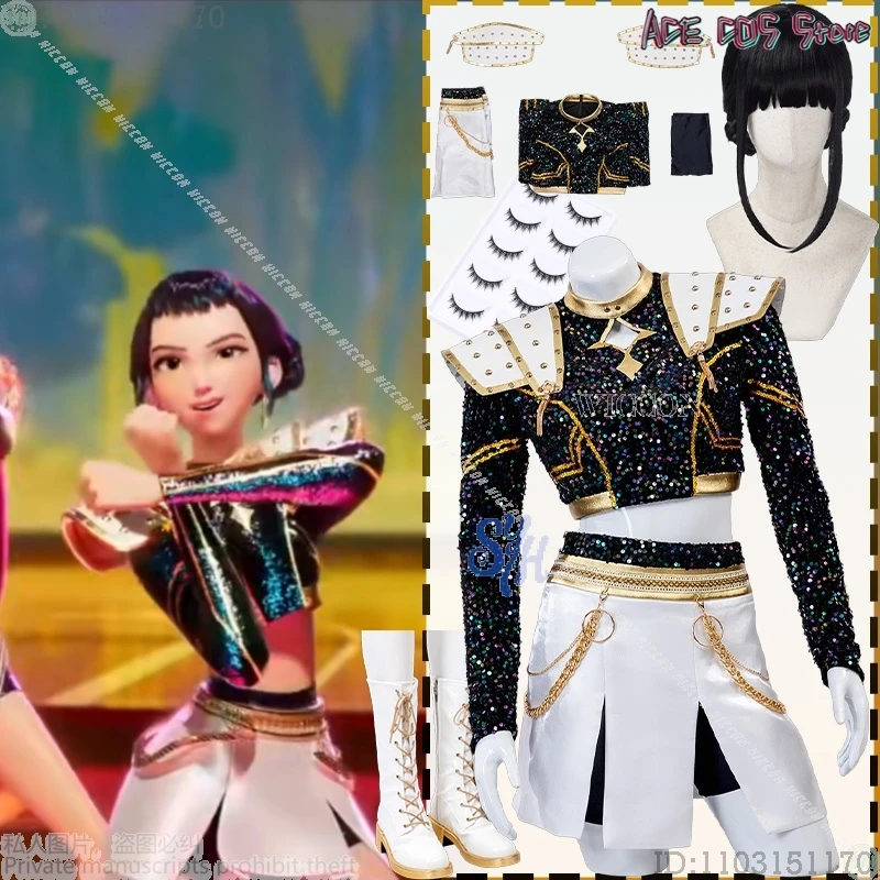 

Huntrix Zoey Kpop Demon Косплей Аниме Для ЗОЛОТЫЙ Сценический Униформа Черное Пальто Белое Мини-Платье Kawaii Jirai Kei Девушки Корея Idol Cos