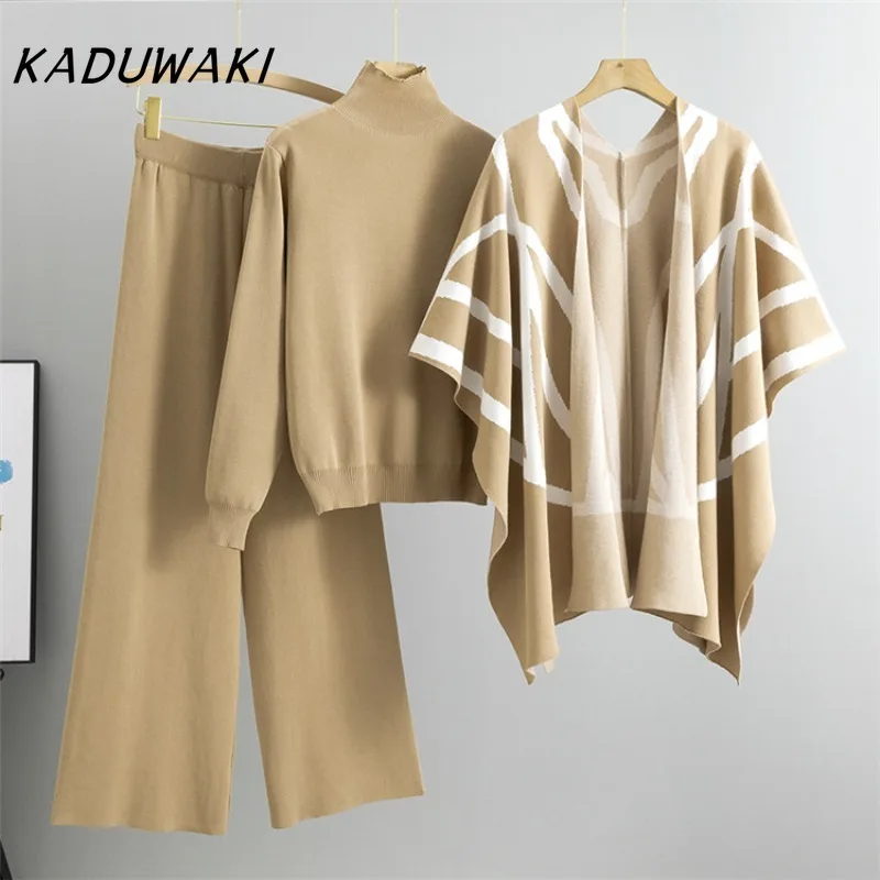 KADUWAKI Spring New Knitted 3 Pieces Set Women Stripe Shawl Half High Neck Full Sleeve Top Wide Leg Trousers Fashion Style Suit