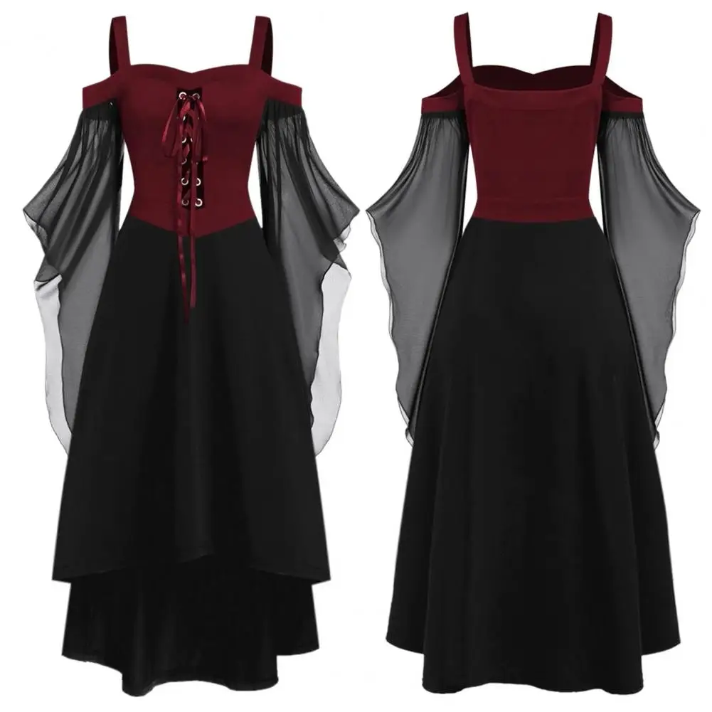 Retro Gothic Dress Gothic Witch Halloween Costume with Lace-up Strap Collar Long Horn Sleeves Women's Cosplay Dress for A-line