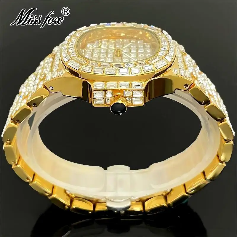 MISSFOX Luxury Gold Watch For Men Hip Hop Brand Iced Out Diamond Quartz Clock  Automatic Date Full Steel Wristwatches Gift Reloj