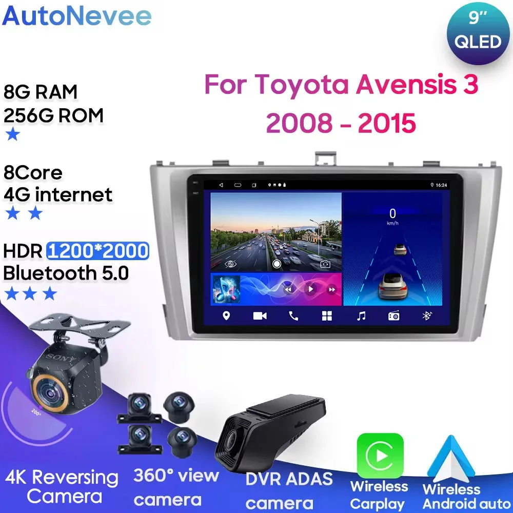 

Для Toyota Avensis 3 2008-2015 Android 13 Автомобильный радиоприемник Мультимедийный плеер GPS Беспроводной Carplay Android Auto без 2din