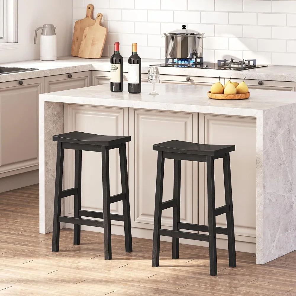 Tabouret de Bar en Bambou avec Repose-Pieds, Selle de Comptoir de Cuisine, 26 Amarans, Lot de 2