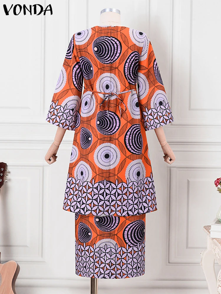 VONDA Women 2025 Dress Outfits Bohemian Printed Two-piece Sets Vintage Square Collar Matching Sets Oversized Casual 2PCS