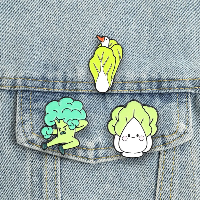 Broches de esmalte de vegetales de dibujos animados: Brócoli, Repollo, Pato, Bok Choy. Divertidos insignias de solapa con temática de comida, joyería de memes, regalo.