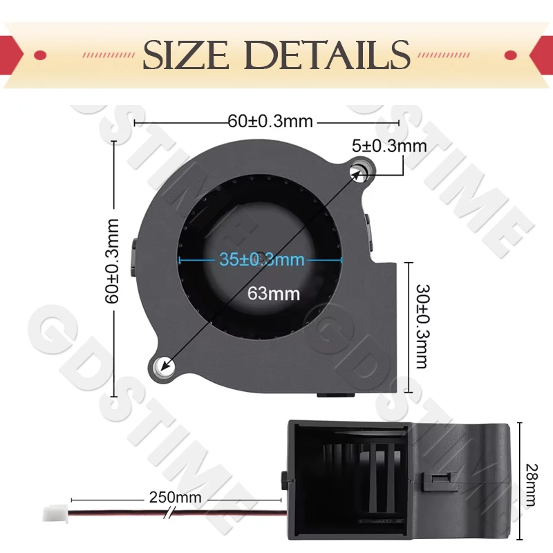 Wentylator Gdstime 6028 24V 60mm, dmuchawa DC 12V, bezszczotkowy cooler, wentylator odśrodkowy 2PIN z podwójnym łożyskiem kulkowym, 60x28mm 6cm, radiator tulejowy. — zdjęcie produktu 5