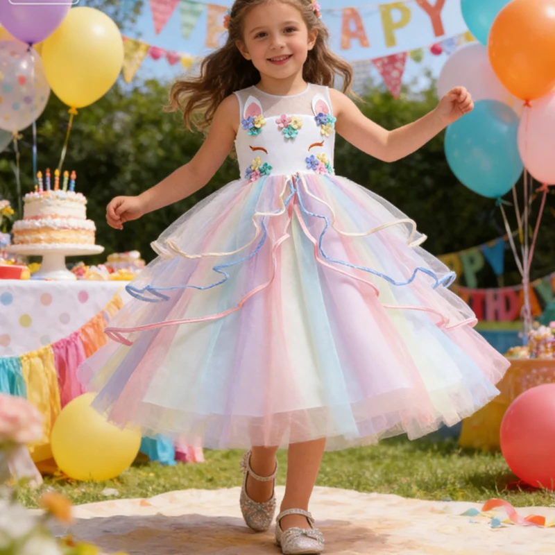 Carnival Colorful Girls Unicorn Dress Pastel Rainbow Tulle Princess Girl Birthday Party Dresses Child Unicorn Perform Costumes