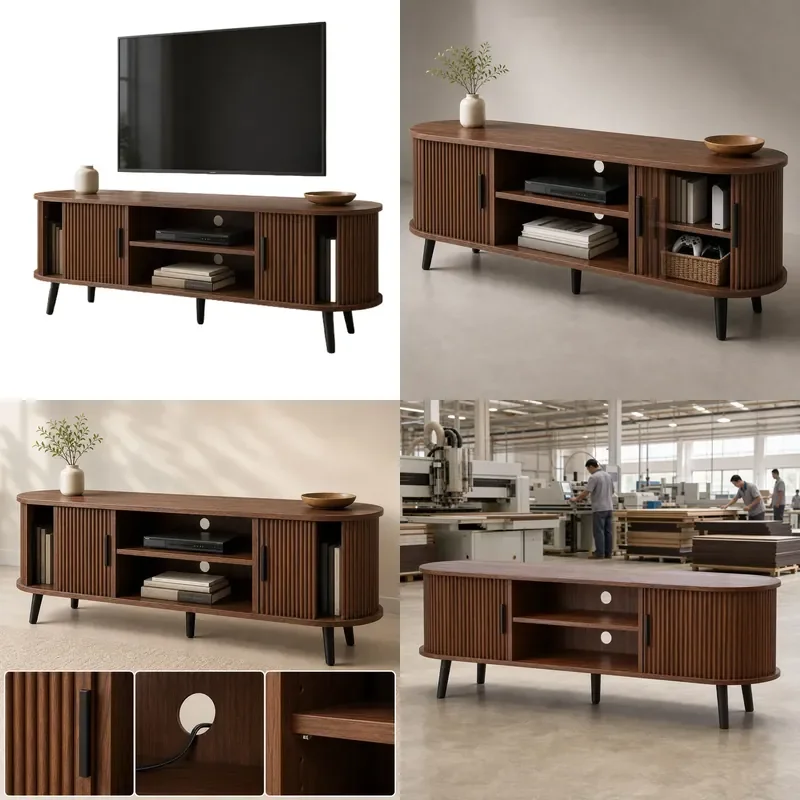 Modern Mid Century Simple TV Stand with Sliding Door and Built in Power Socket Household Entertainment Center