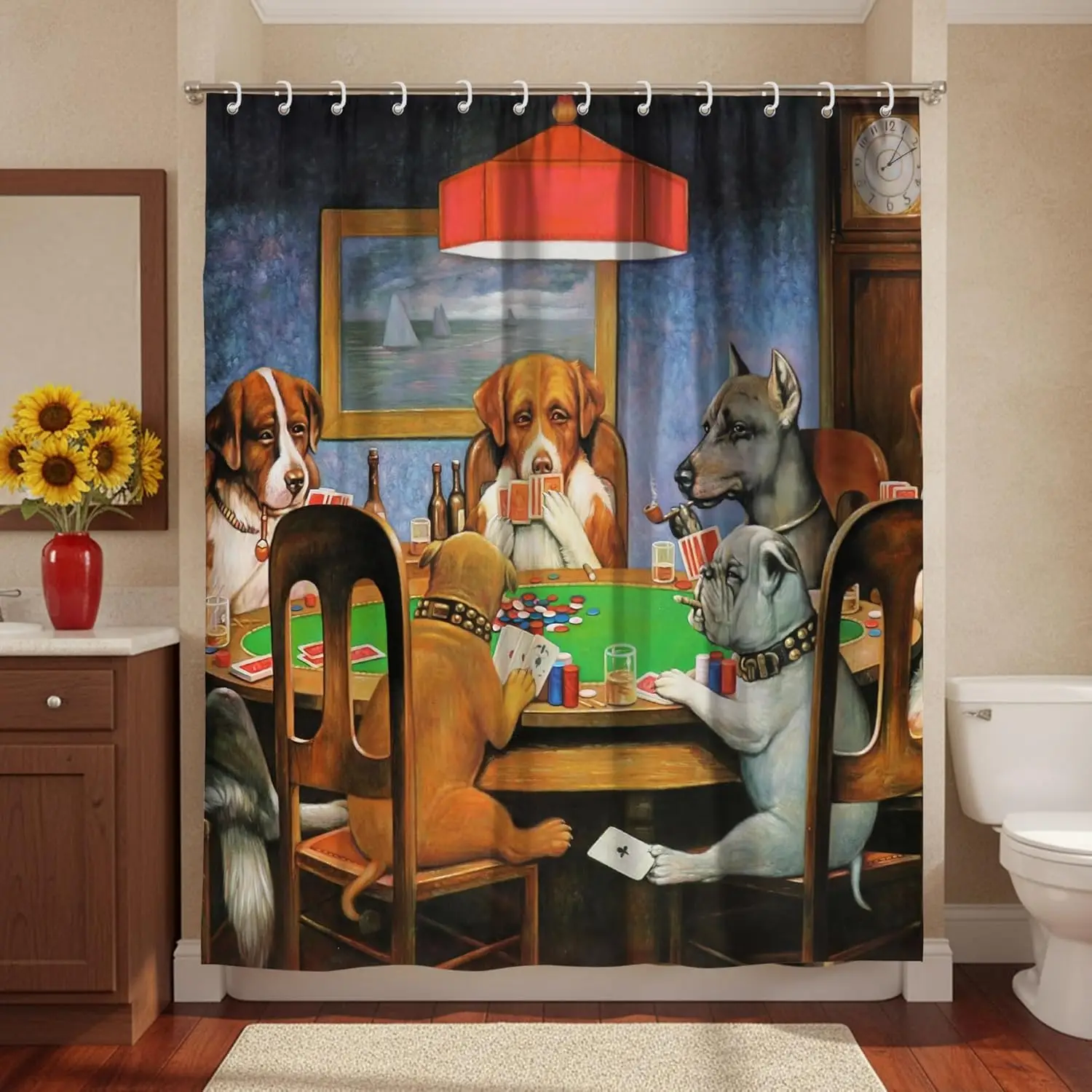 ヴィンテージドッグポーカーシャワーカーテン、面白いレトロアートプリント、防水ポリエステル、ユーモラスなモダンホームアパートバスルーム装飾