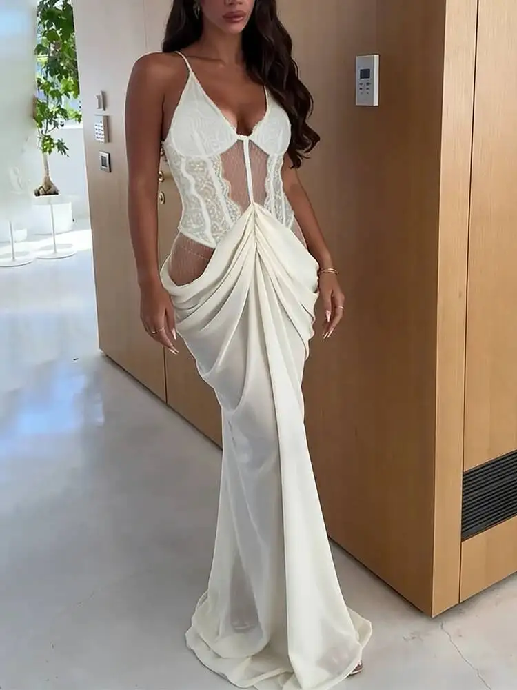

Lace Embroidery Patchwork Sleeveless Holiday Dress Sexy Perspective Slim Pleated Long Dress Lady Fashion V Neck Club Party Dress
