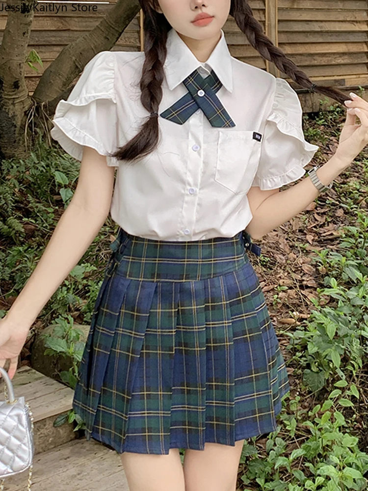 Japanese JK School Student Uniform Women Cute College Girl Anime Cosplay Uniform White Shirt and Plaid Pleated Skirt Uniform Set