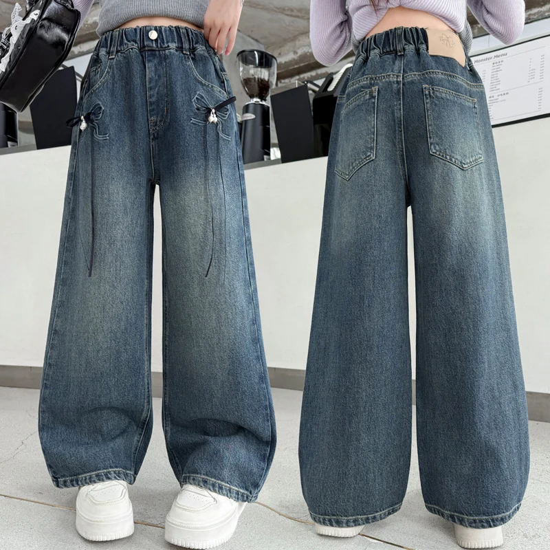 

American High Street Children Straight Cut Jeans with Bows for Girls Autumn Vintage y2k Design Slim Fit Denim Pants Trousers
