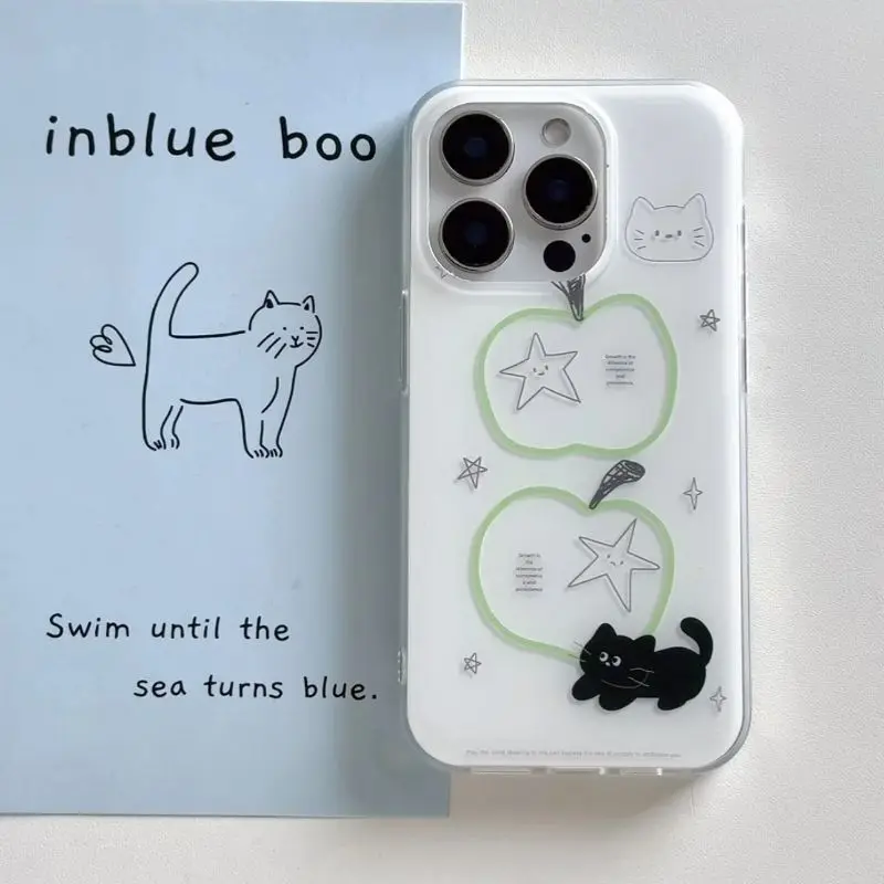 Fun Line Stars Verde Apple Black Cat Phone Case Para iPhone 17 AIR 16 15 14 13 12 11 PRO MAX PLUS Anti Drop Dust Cover