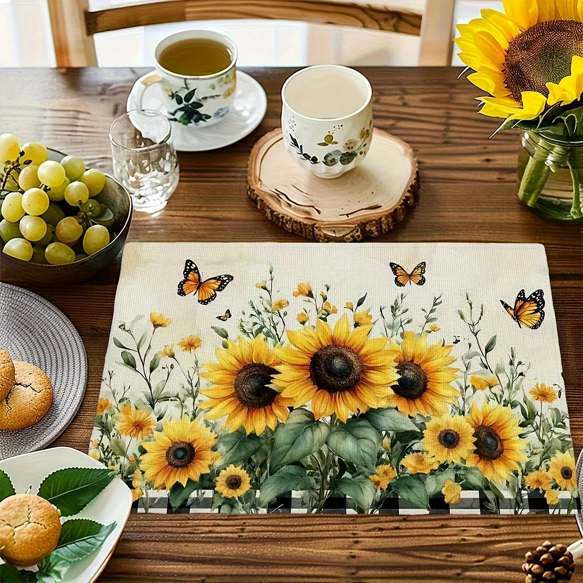 Commercial Kitchen In Home - 2pc Sunflower And Butterfly Faux Linen
