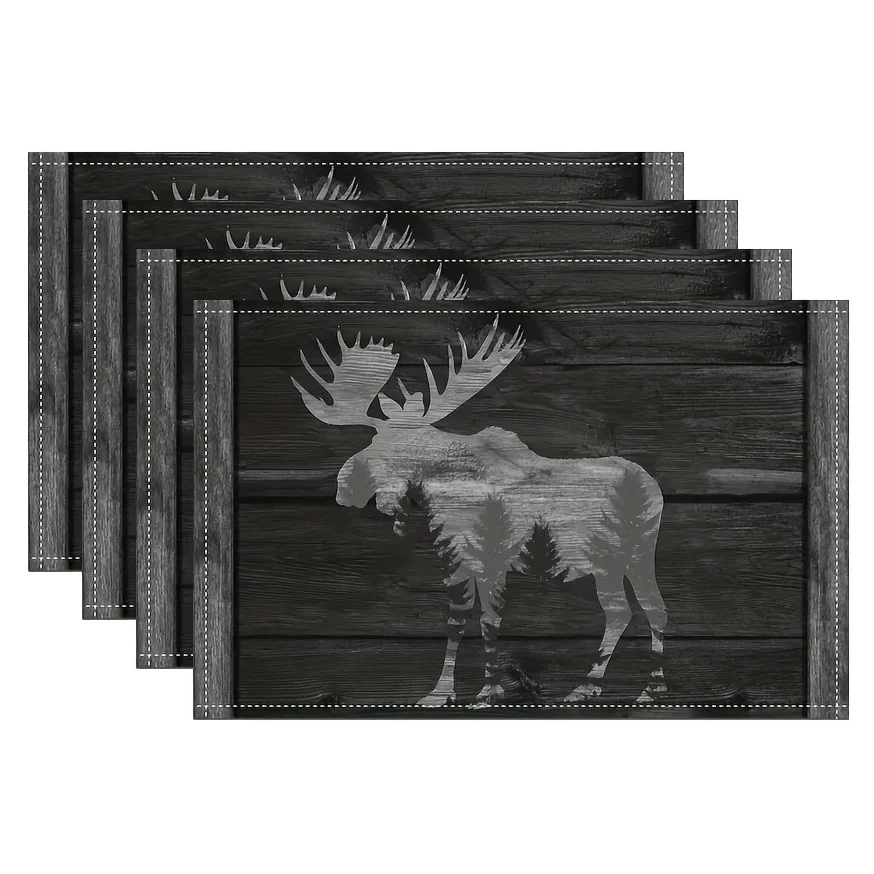 4/6/8pcs Rustic Moose Silhouette Placemats Linen Texture Table Mats For Kitchen Dining Home Decor