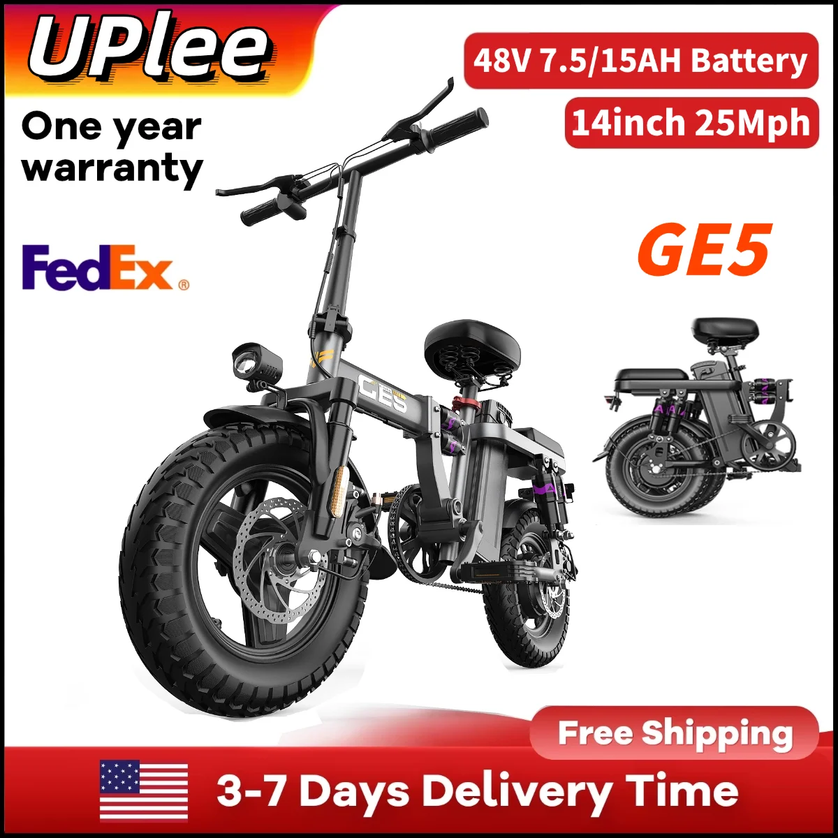 

UPlee GE5 Adults Electric Bike 750W Peak Motor 48V 15AH Removable Battery Electric Bicycle 14 Inch Folding Urban leisure e bike