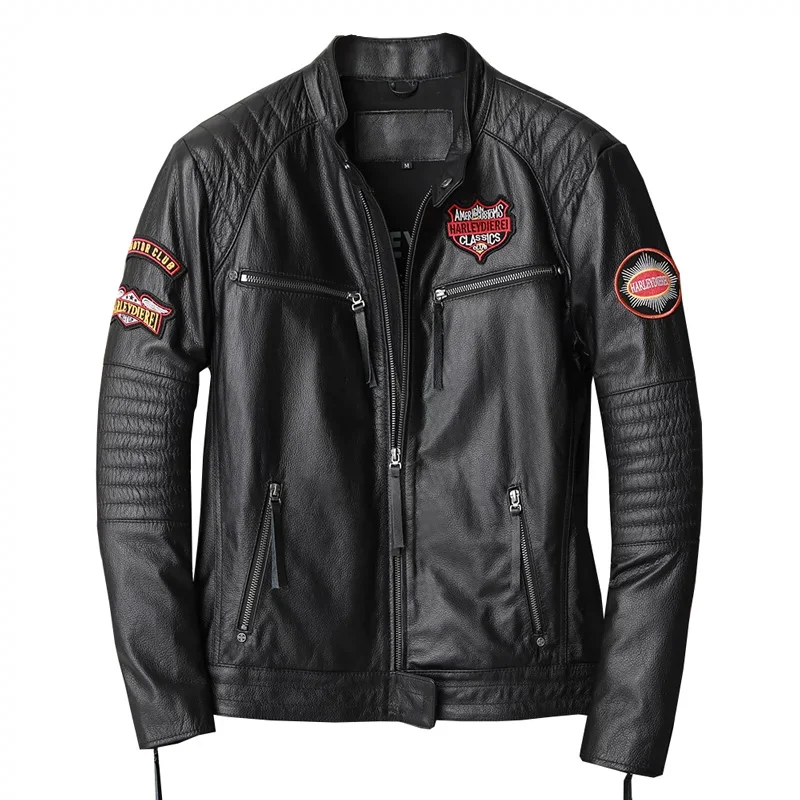 Black Autumn Skull Embroidery Leather Jacket Men Plus Size 5XL Natural Cowhide Stand Collar Genuine Leather Coat