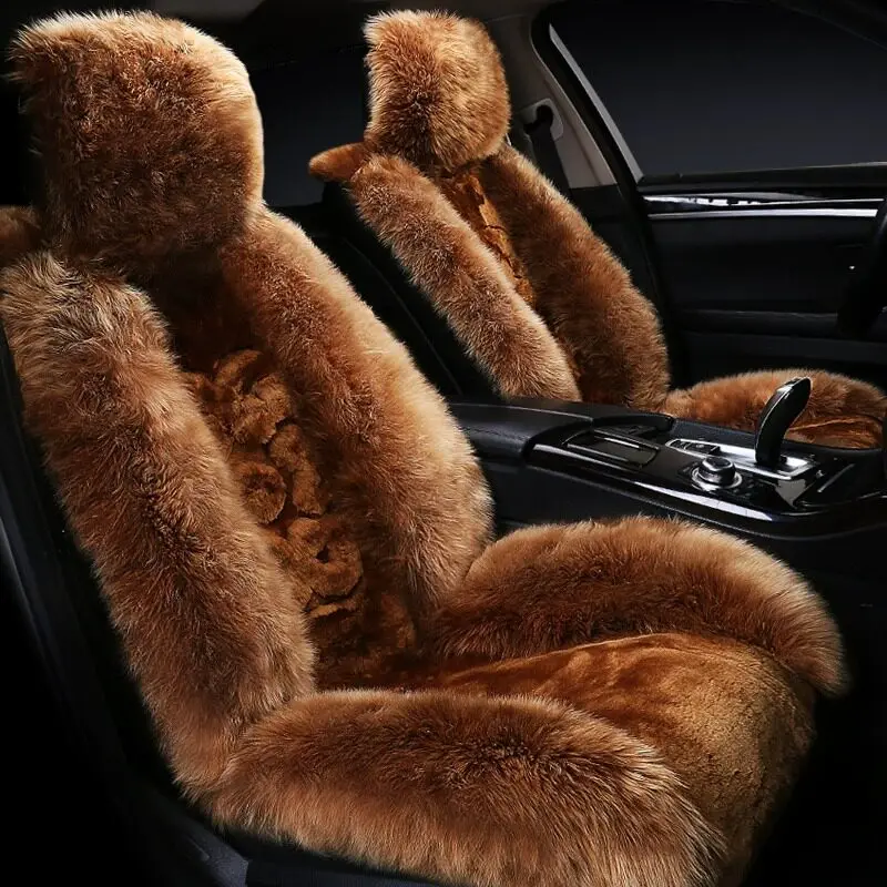 Universal Fluffy Wool Car Seat Covers Winter Warm Plush Cushion Pad Set 5PCS Front Rear Auto SUV Truck Accessories Brown