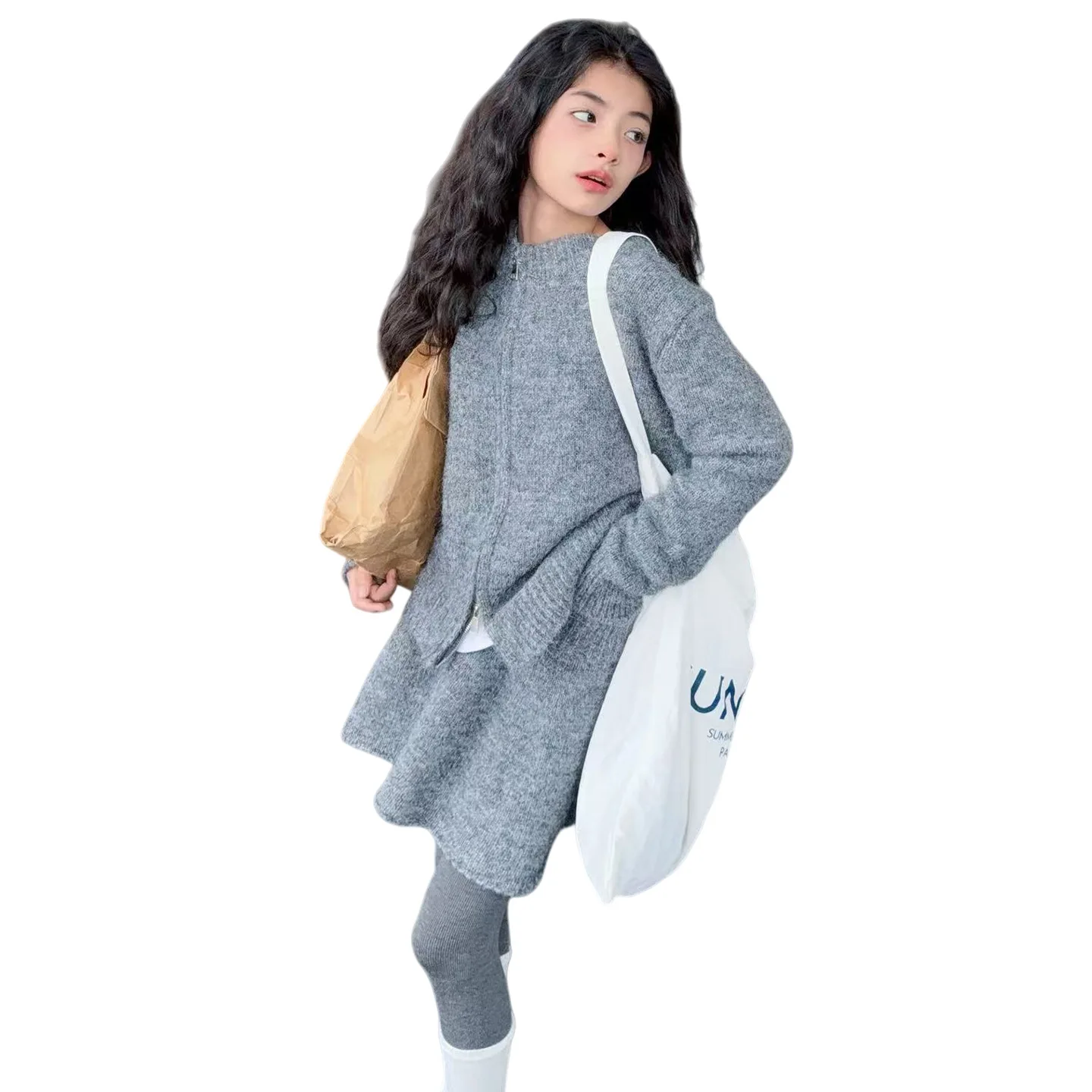 autumn/winter Korean teen girls high-end knitted clothes suit sweater cardigan+shirt 2pcs junior school kid set child outfits 14