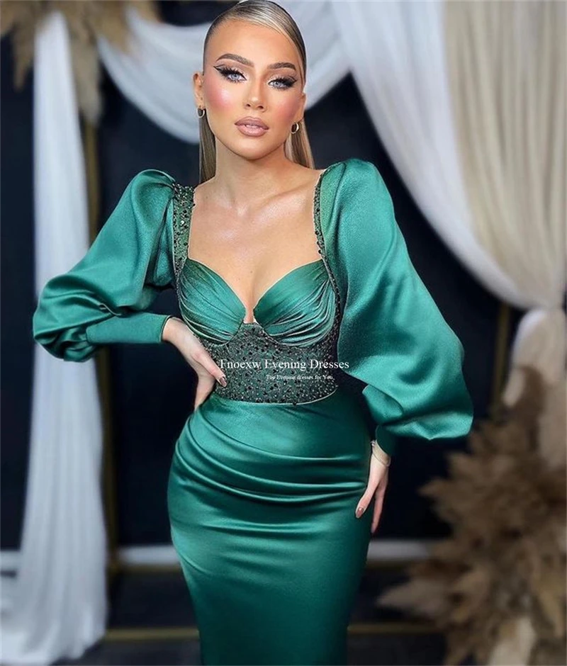 Fnoexw Green Satin Mermaid Prom Dresses Long Puff Sleeves Beaded Party Gowns Long Plus Size Sweetheart Pleat Vestidos De Fiesta