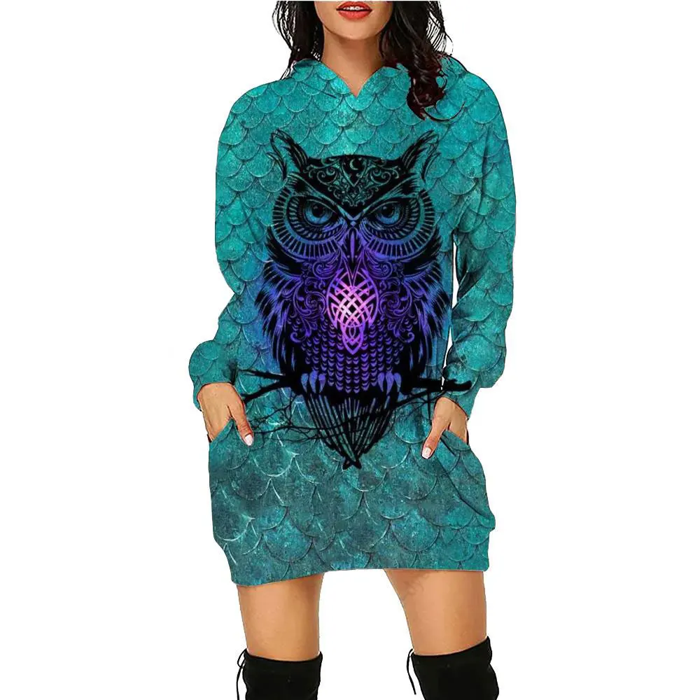 

New 3D Owl Printed Bohemian Hoodie Women's Fashion Hoodie Dress Hooded Sweatshirt Retro Loose Medium Long Pullover