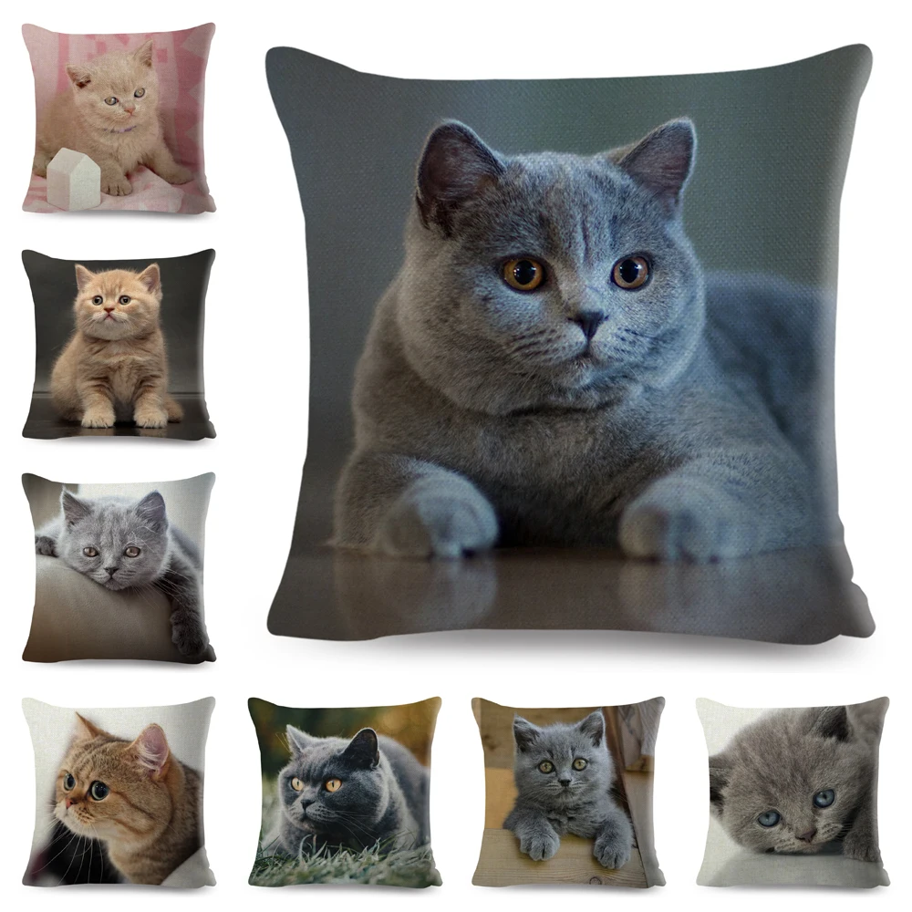 British Shorthair Russian Blue Cushion Cover Decor Cute Cat Pet Animal Pillowcase Polyester Pillow Case for Sofa Home Car