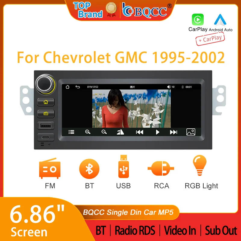 BQCC Single Din Car MP5 Stereo for Chevrolet GMC 1995-2002, BT, FM/RDS, RCA In, Video In,  U-Disk Play, RGB Light, Sub Output