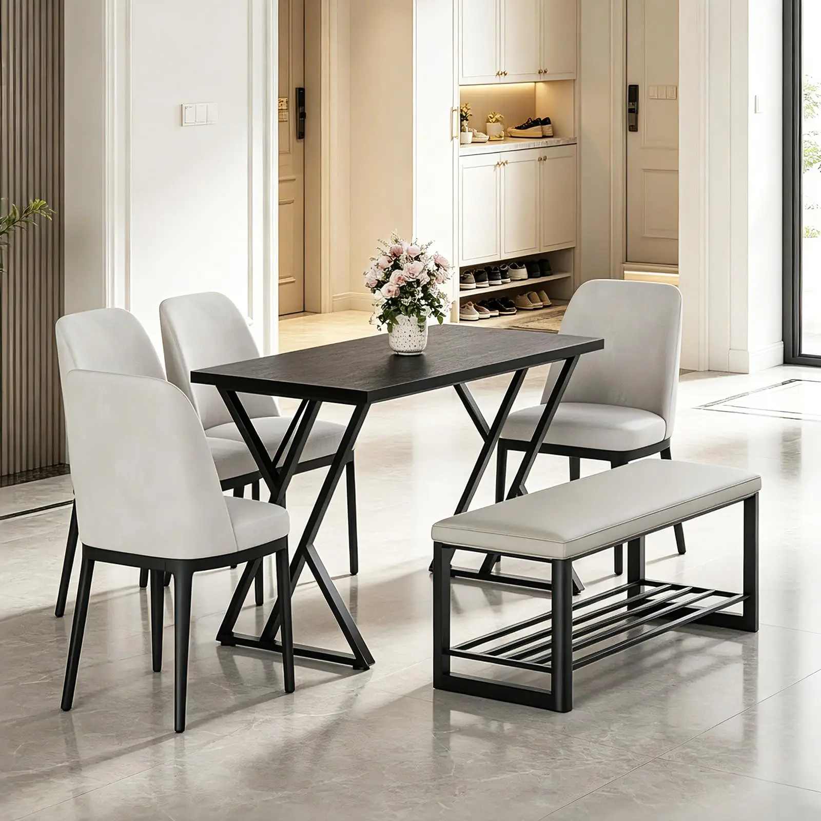 55 Inch Dining Table For 4 People, Industrial Rectangular Kitchen Table With Waterproof Wood Top And Metal Frame For Dining Room Office