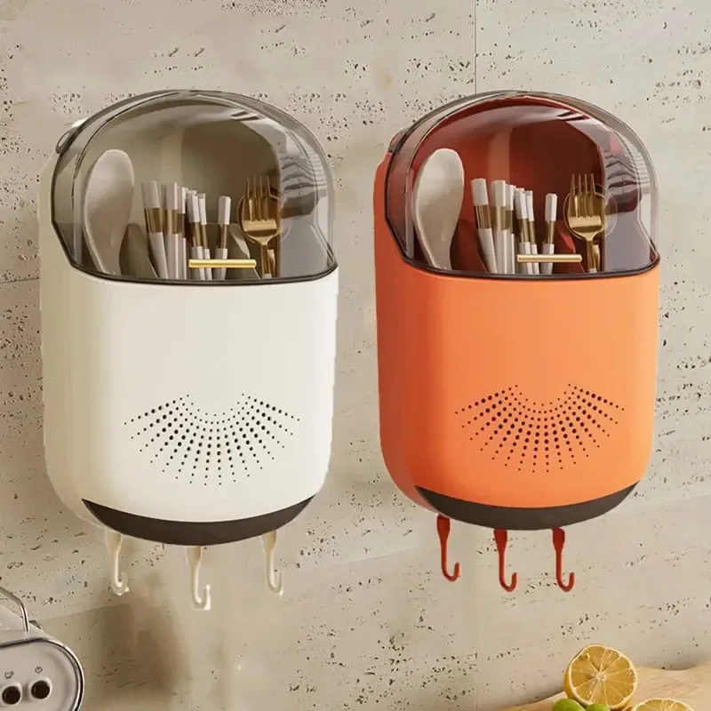 

Wall-Mounted Dustproof Chopstick Holder Multi-functional Cutlery Holder Kitchen Knife Fork Spoon Container with Lid for Drainage