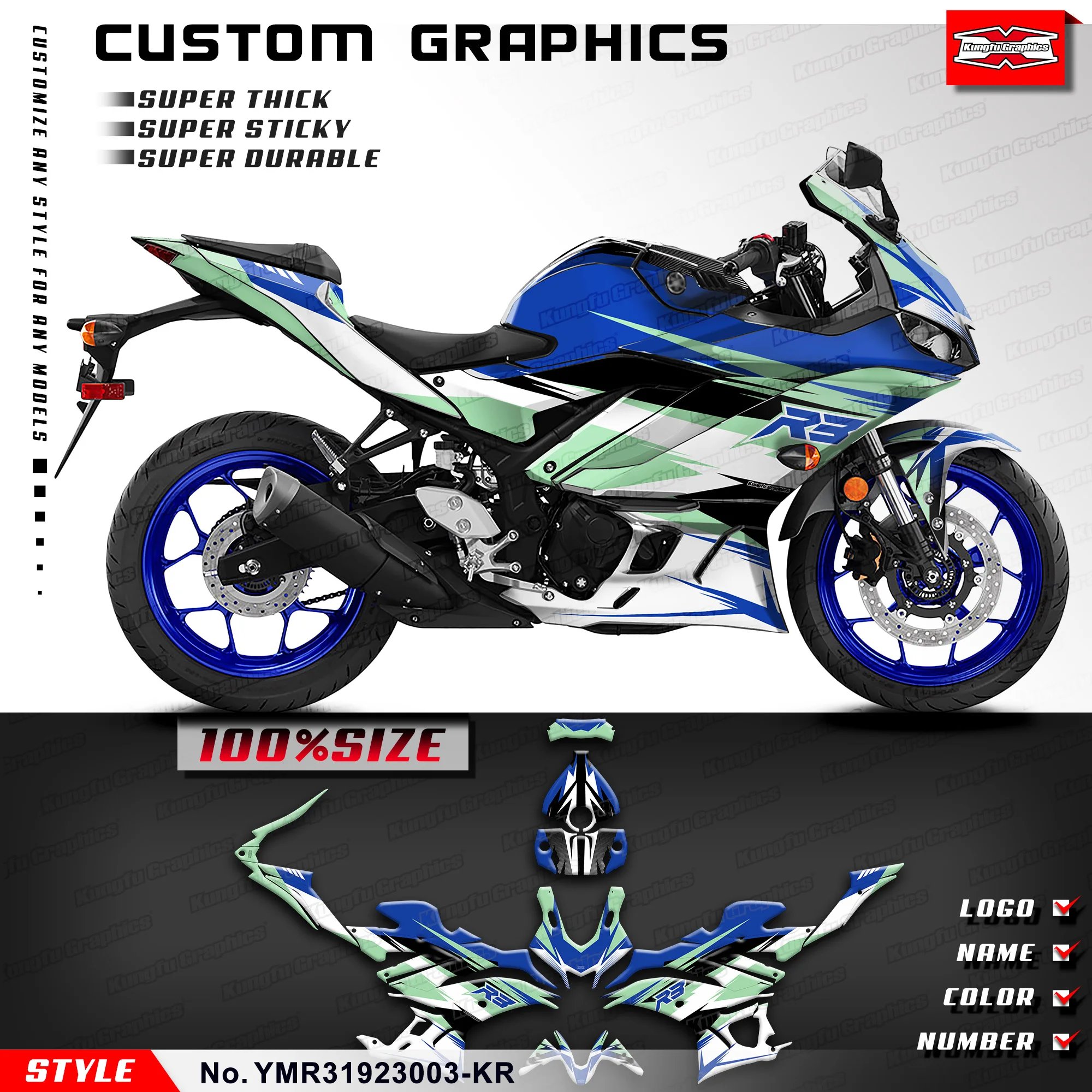 

KUNGFU GRAPHICS Sportbike Sticker Wrap Kit Vinyl Decal for Yamaha YZF-R3 YZF R3 2019 2020 2021 2022 2023, YMR31923001-KR