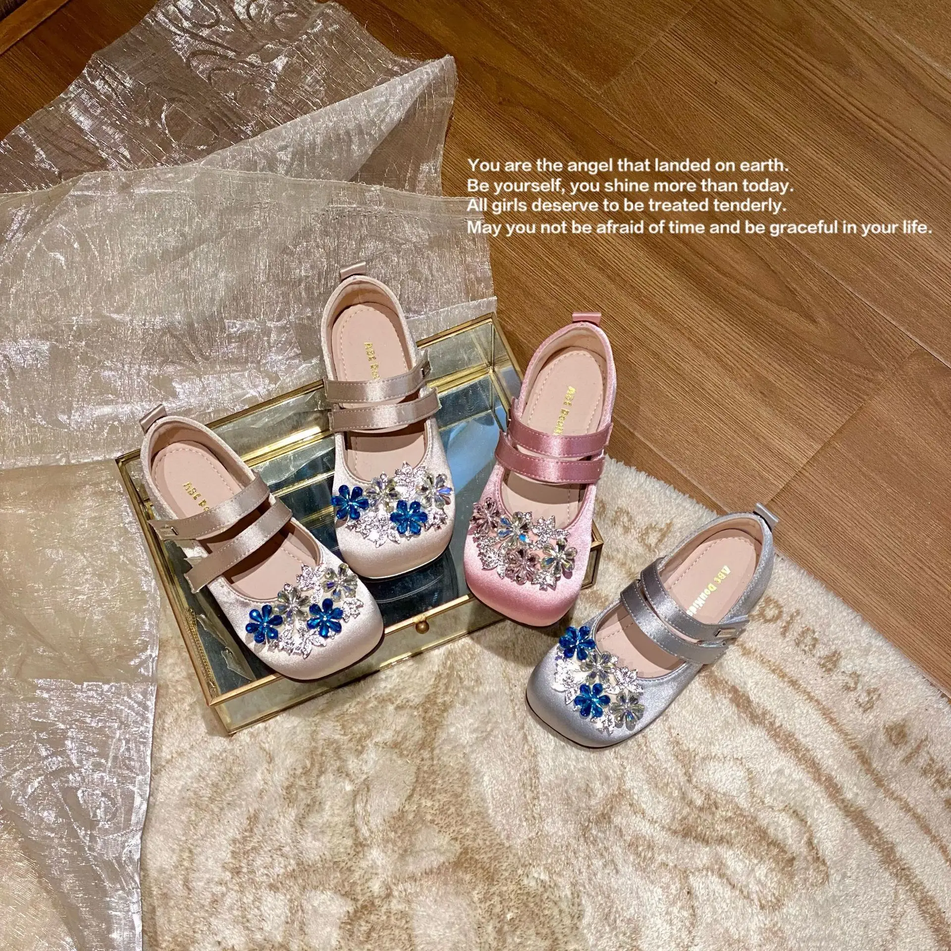 Spring Girls Shoes Princess Flats Shiny Flower Rhinestone Decor Double Strap Mary Jane Shoes for Girls