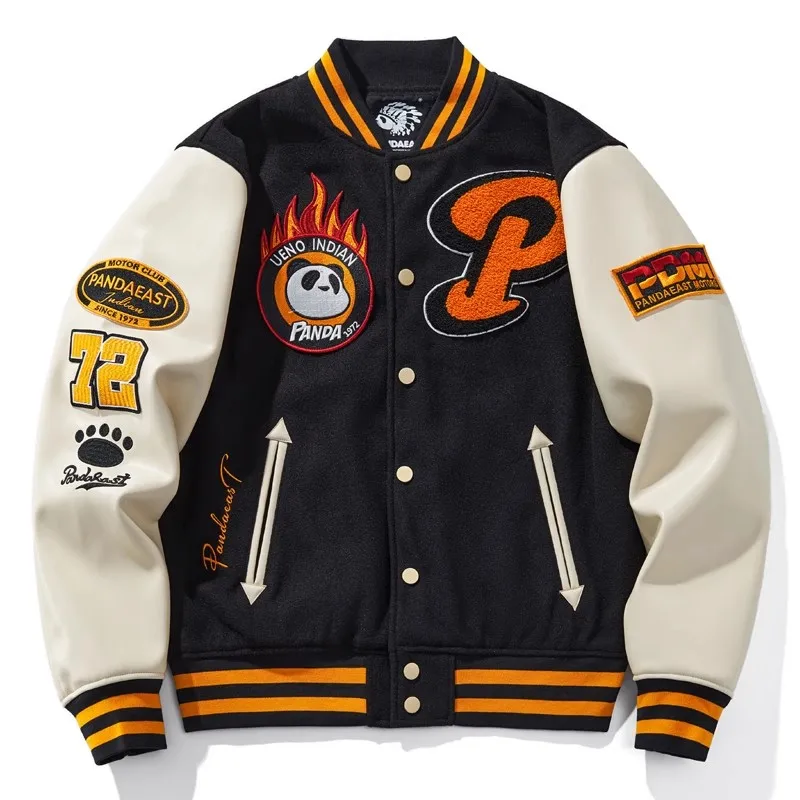 Black White Stripe High Street Streetwear Coat PU Woolen Men Boy Panda 72 Letterman Varsity Award Sukajan Souvenir Jacket Indian