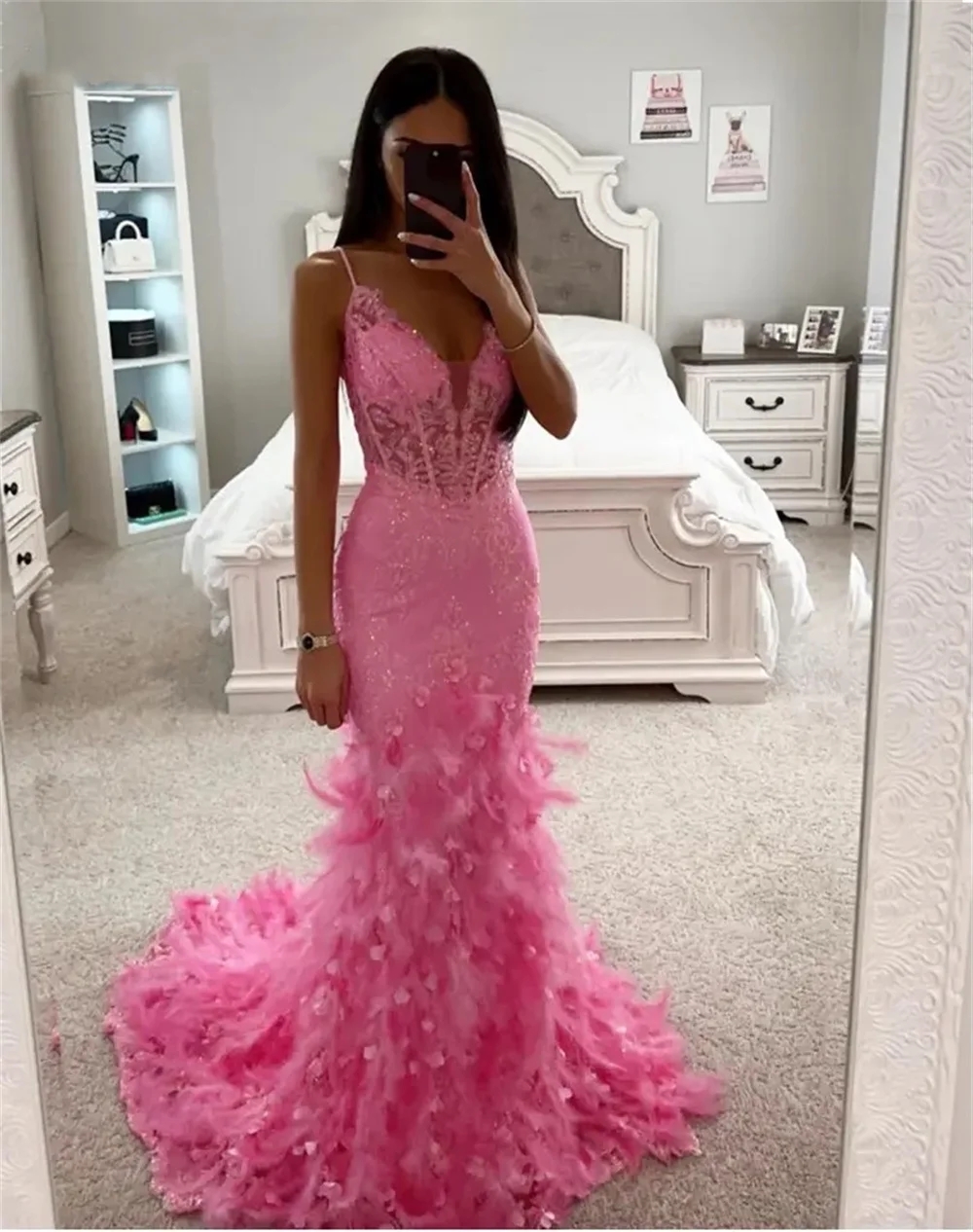 Jessica Hot Pink Wedding Dress Embroidered Feathers Luxury Prom Dresses Mermaid Spaghetti Straps Elegant Vestidos De Fiesta