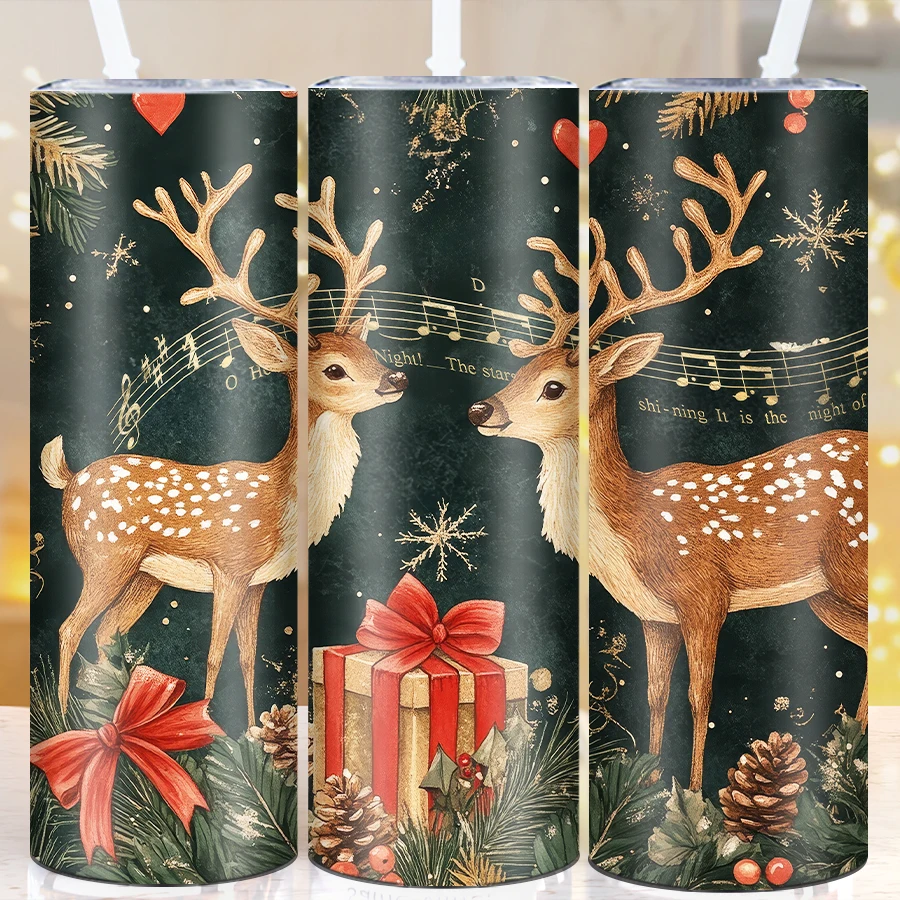 

1Pc Xmas Festive Water Bottle Straw Lid 3D Print Christmas Deer Party Tumblers 20oz Stainless Steel Portable Outdoor Travel Cups