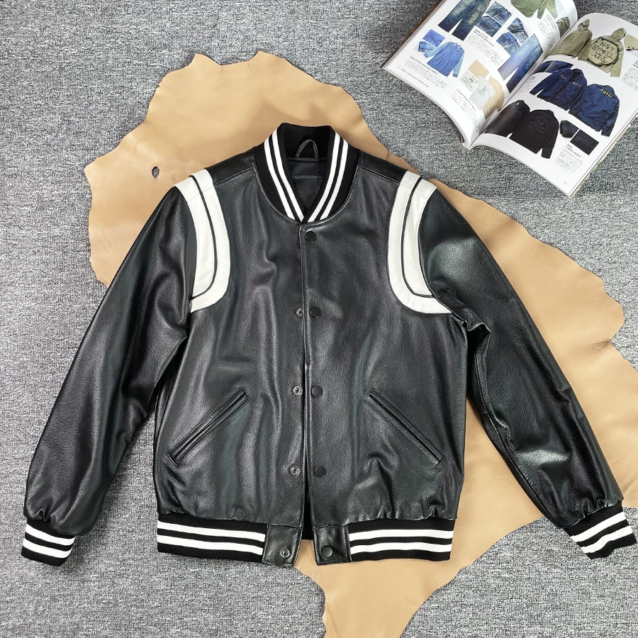 Advanced casual jacket with soft top layer of calf leather and genuine leather, classic and versatile baseball jacket for men an